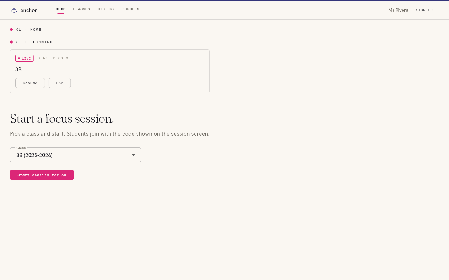 Anchor dashboard home screen with a class dropdown set to '3B (2025-2026)' and a 'Start session for 3B' button