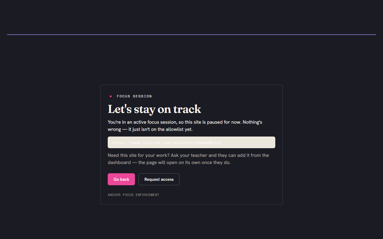 Anchor Edge block page reading 'Let's stay on track — you're in an active focus session, so this site is paused for now,' showing the blocked URL with 'Go back' and 'Request access' buttons
